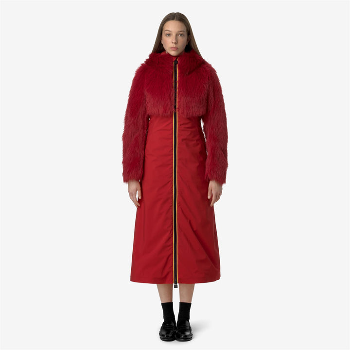 Jackets Woman MENIL ECO FUR BONDED Long RED - BLACK ASH Dressed Back (jpg Rgb)		