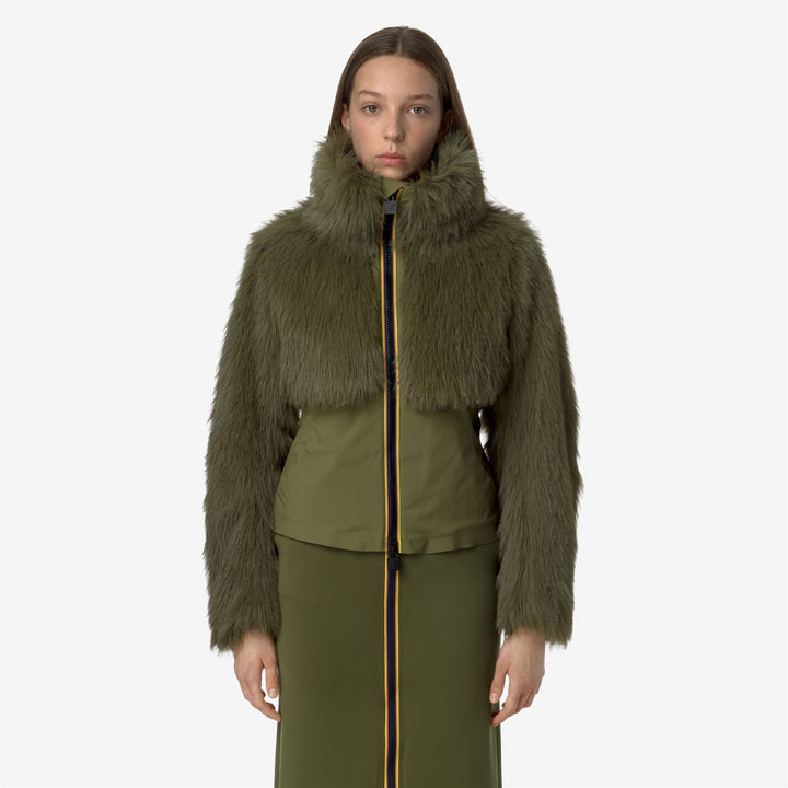 Jackets Woman MEL ECO FUR BONDED Short GREEN WINTER - BLACK ASH Dressed Back (jpg Rgb)		