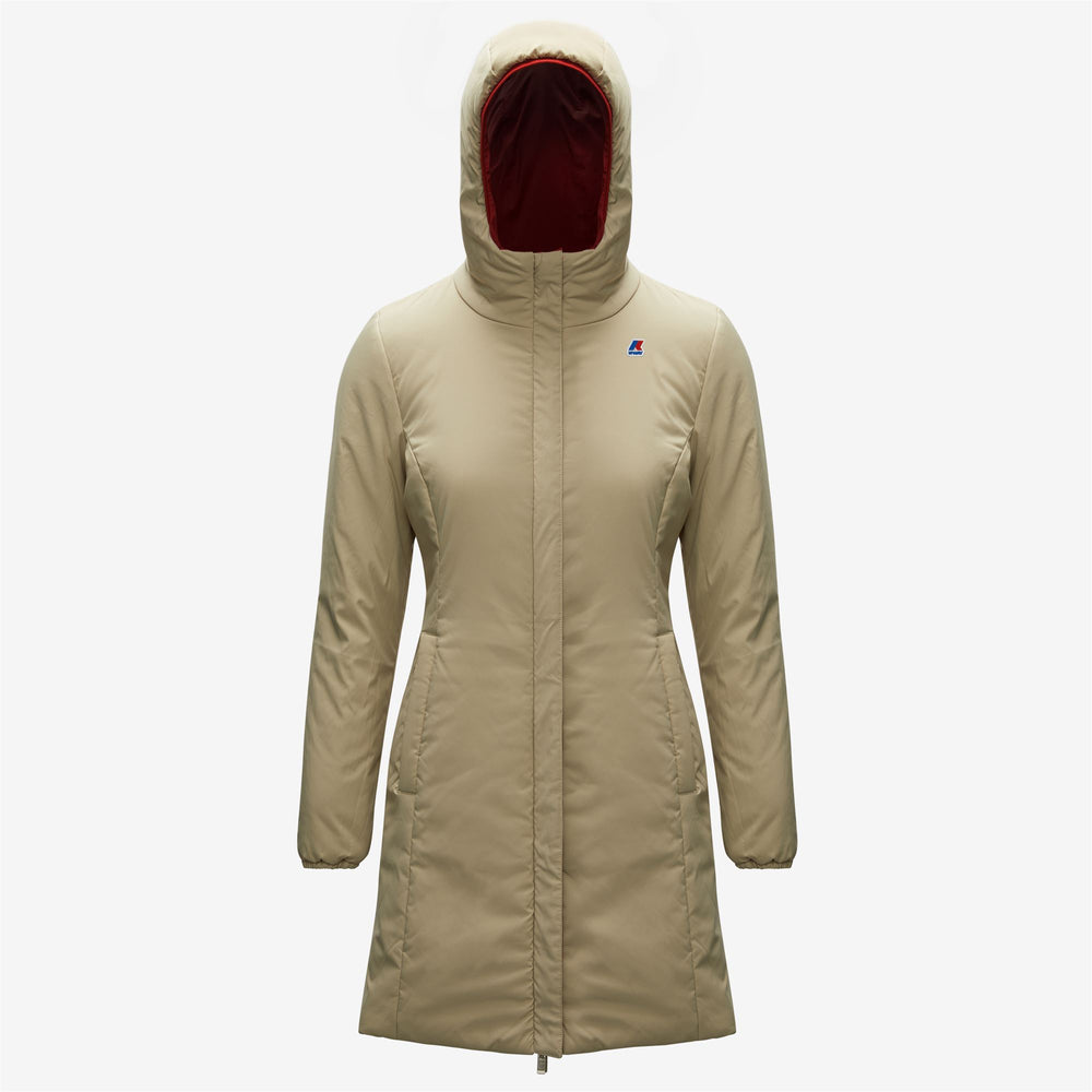 Jackets Woman CHARLENE WARM REVERSIBLE 3/4 Length RED DK - BEIGE GREY Dressed Front (jpg Rgb)	