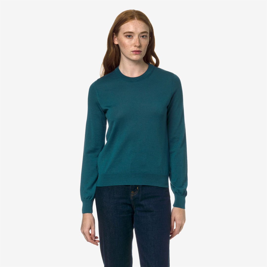 Knitwear Woman ABBI MERINO Pull  Over GREEN TEAL Dressed Back (jpg Rgb)		